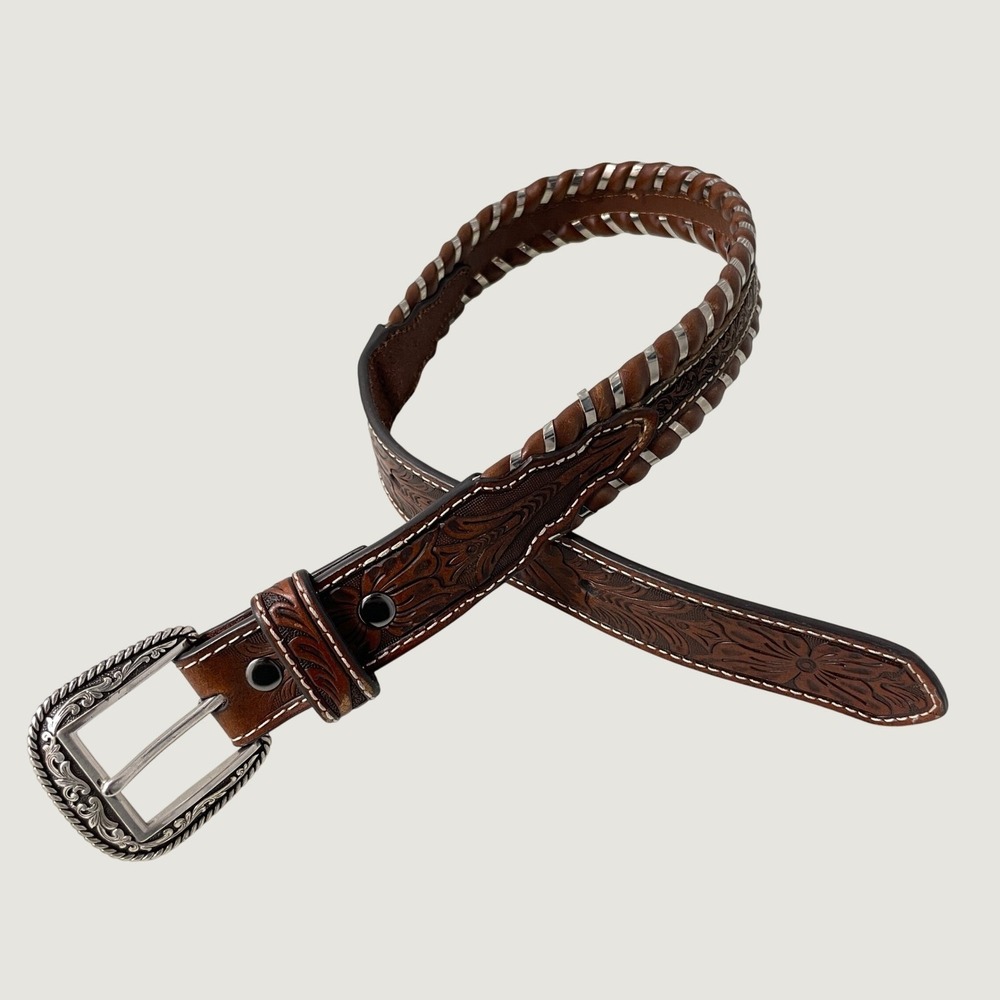 Ariat Kids Brown Floral Tooled Leather Western Belt Silver Buckle 22 A1304808